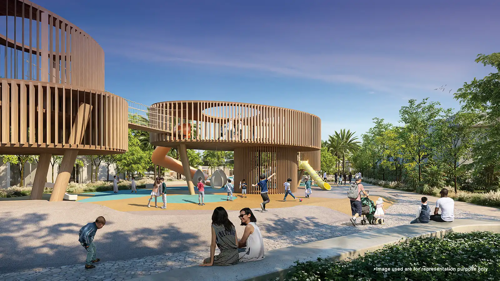 Spacious outdoor kids' play arena at Emaar Anya, Arabian Ranches 3, surrounded by greenery and safe fun