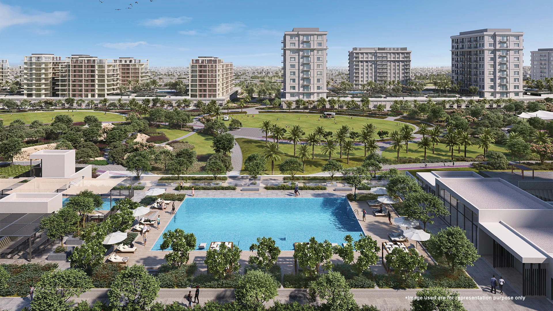 Aerial view of Emaar Vida Residences at Dubai Hill Estate, showcasing elegant apartments amidst lush greenery.