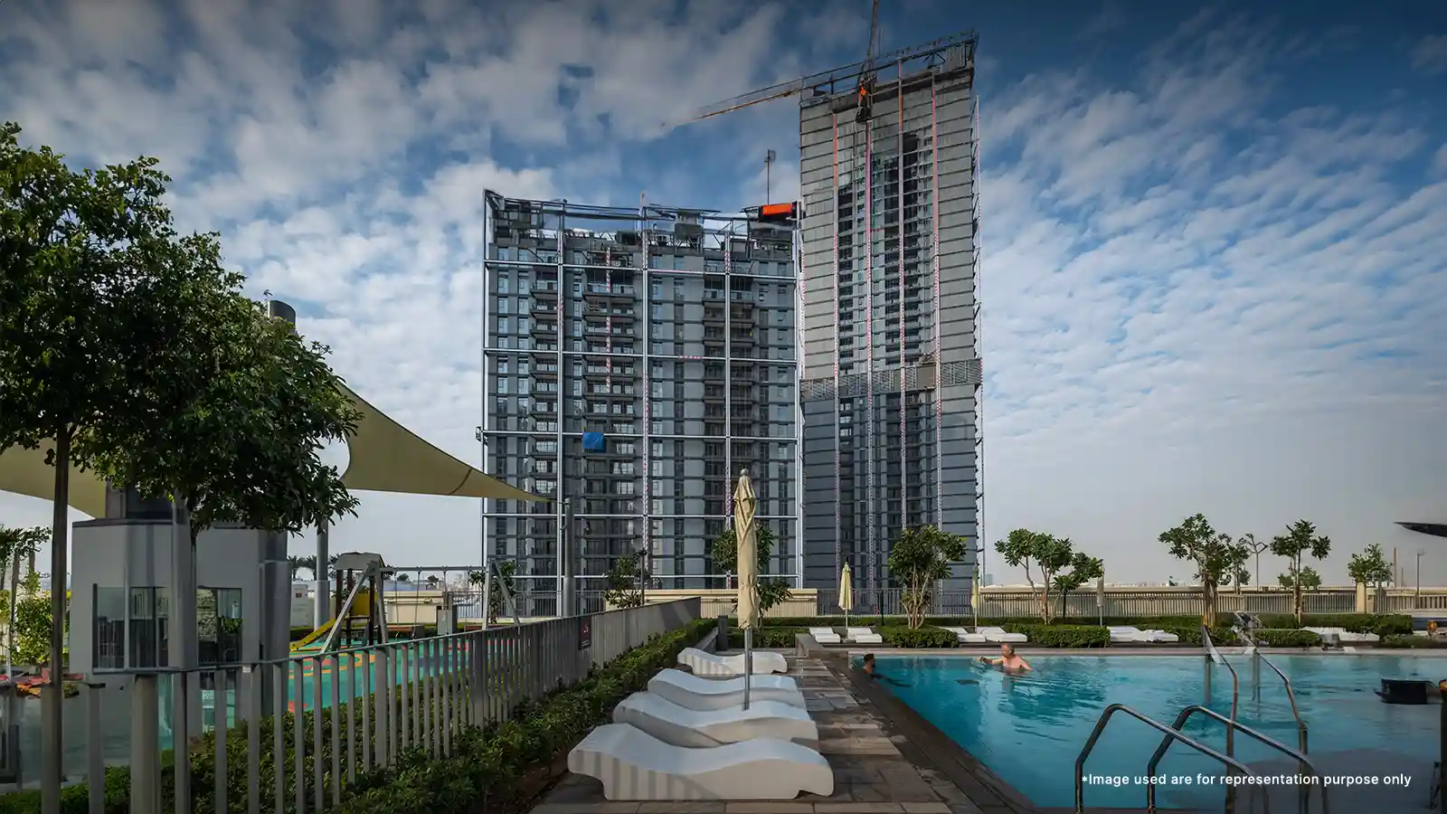 Serene family swimming zone at Emaar Creek Edge, Dubai Creek Harbour, with skyline and waterfront views
